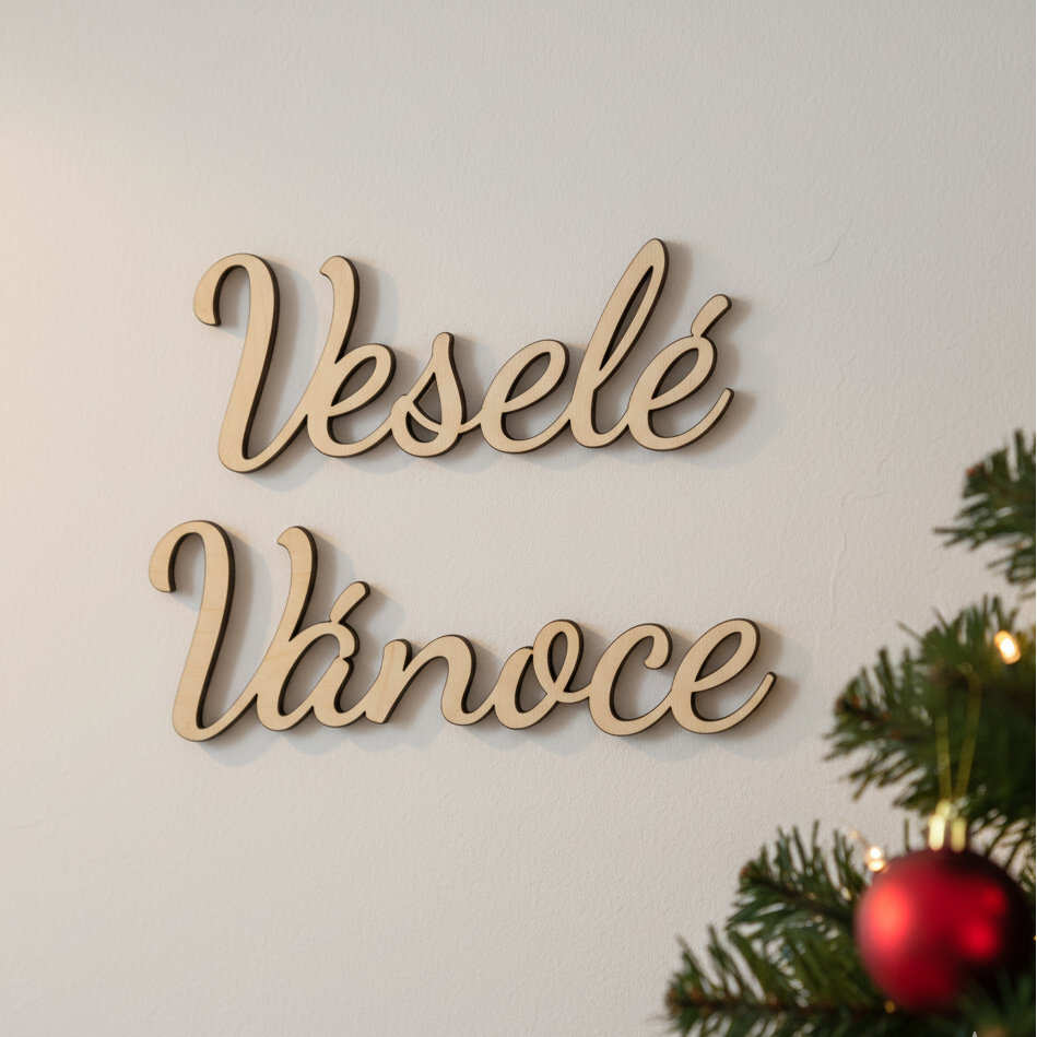 Velký dřevěný nápis „Veselé Vánoce“ – dekorace na zeď