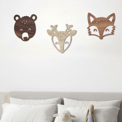 Dřevěná zvířátka na zeď – medvěd, jelen, liška