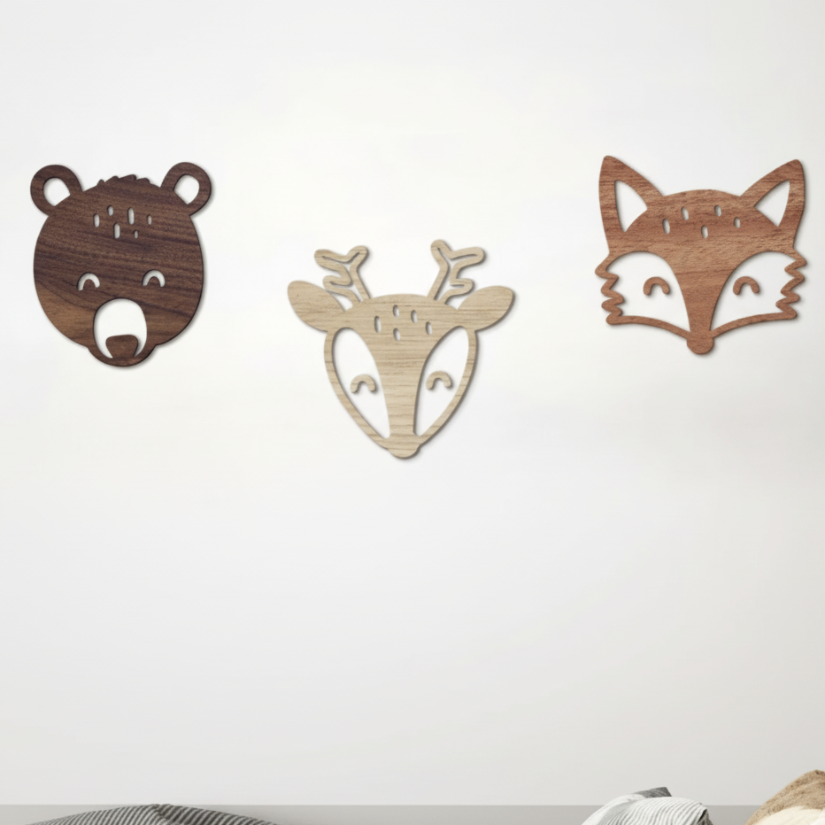 Dřevěná zvířátka na zeď – medvěd, jelen, liška