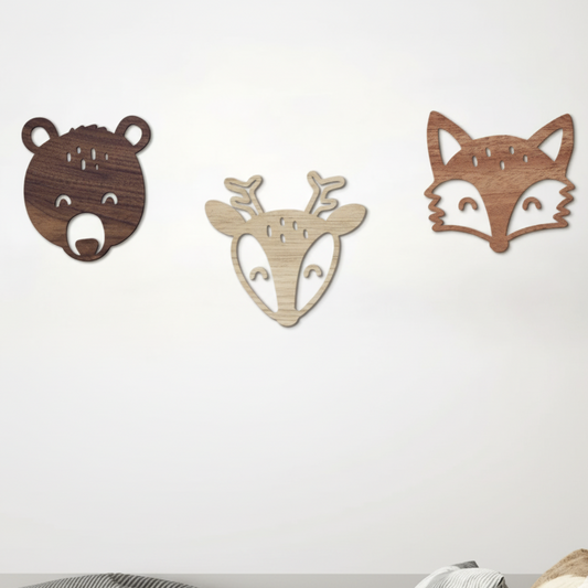 Dřevěná zvířátka na zeď – medvěd, jelen, liška
