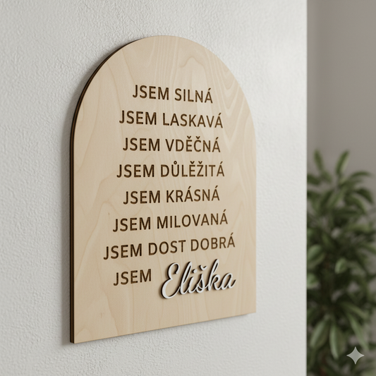 Afirmace: Slova, která posilují na dřevěně tabulce