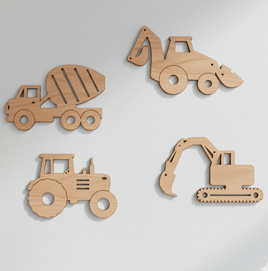 Dřevěná sada STAVEBNÍ STROJE na zeď (4 ks)