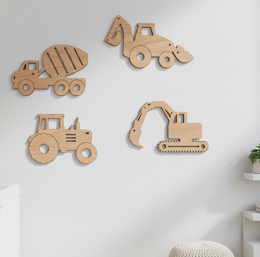 Dřevěná sada STAVEBNÍ STROJE na zeď (4 ks)