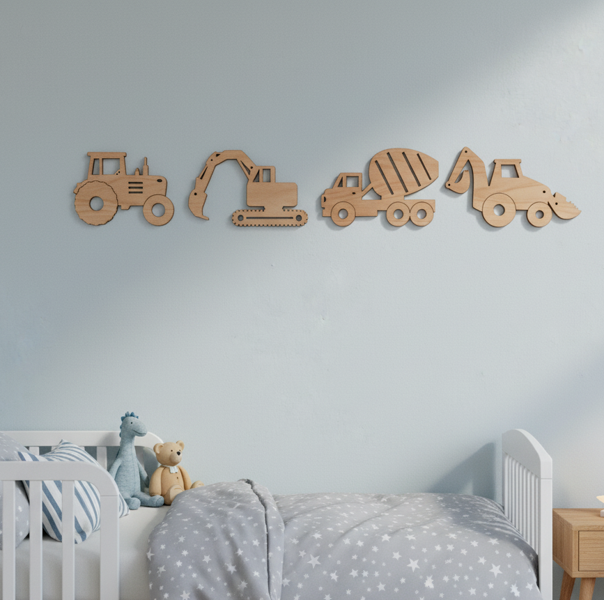 Dřevěná sada STAVEBNÍ STROJE na zeď (4 ks)
