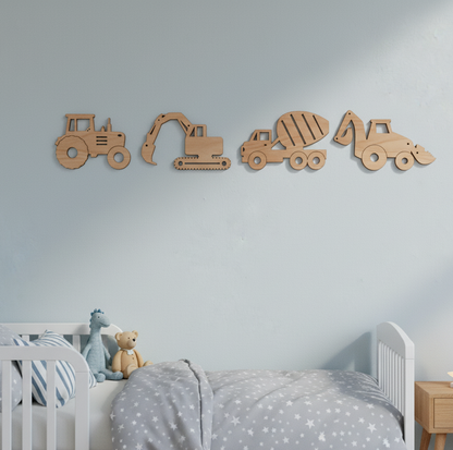 Dřevěná sada STAVEBNÍ STROJE na zeď (4 ks)